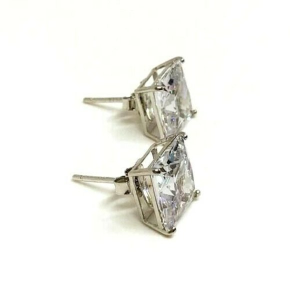 Princess Cut Sterling Silver 7mm Cubic Zirconia Stud Earrings with Rhodium - Picture 3 of 3
